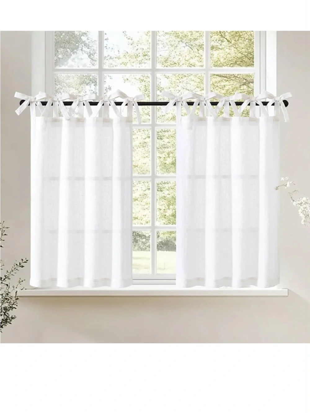 White Tie-Top Sheer Kitchen Curtains - Set of 2